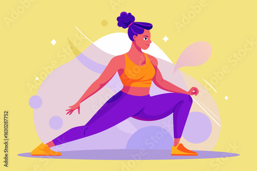 Woman doing a yoga lunge stretch with a speech bubble