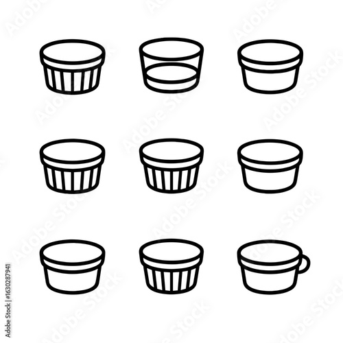 Ramekin Icon Set. Outline icon set of ramekin materials: ceramic ramekin, glass ramekin, porcelain ramekin, stoneware ramekin,