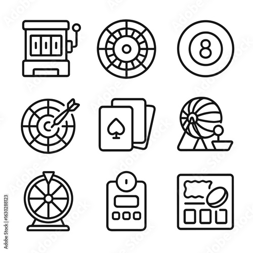 Randomness Icon Set. Outline icon set of randomness objects: slot machine, roulette wheel, magic 8-ball, dartboard, playing cards,