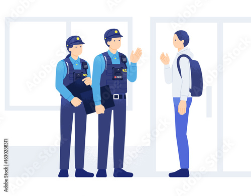 交番で質問する男性とそれに答える警察官のベクターイラスト素材