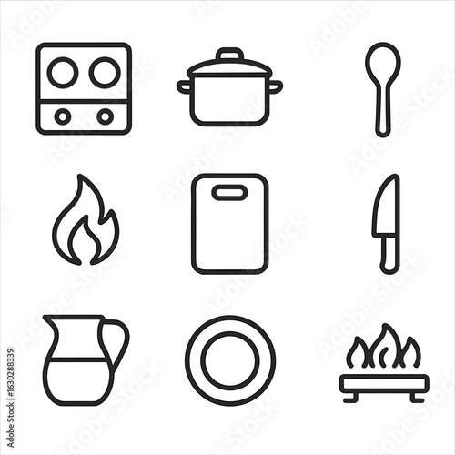 Ration Preparation Icons. Outline icon set of ration preparation: stove, pot, spoon, fire, cutting board, knife, water jug, plate,
