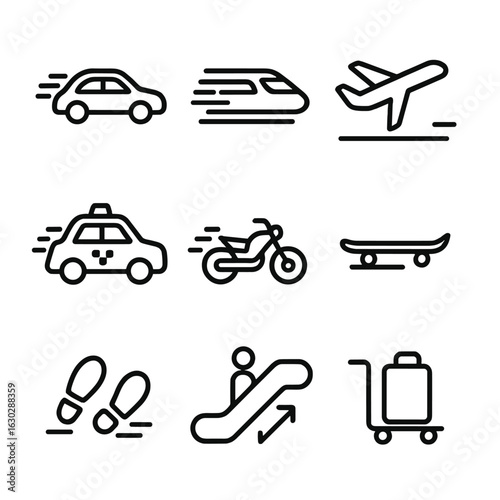 Rapid Transport Icons. Outline icon set of rush transportation: speeding car, fast train, airplane takeoff, taxi cab, motorbike,