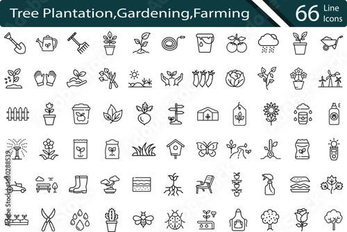 Tree Plantation, Gardening and Farming Line Icons – Tools, Plants, and Eco Garden Elements.