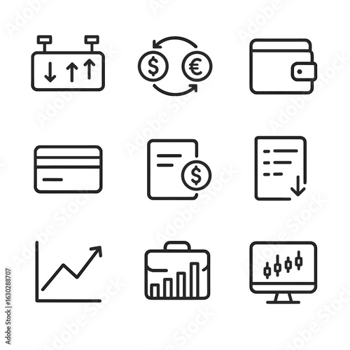 Real-Time Finance Icons. Outline icon set of real-time financial tracking: stock ticker, currency exchange, wallet, credit card,