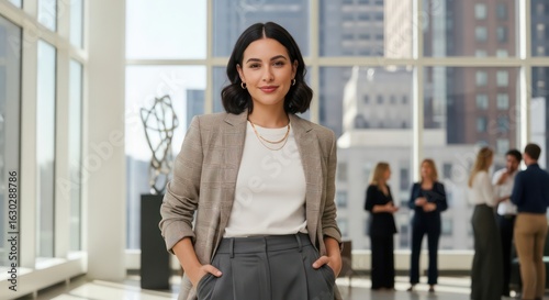 Confident Female Executive in Plaid Blazer Smiles in a Bright, Modern Office Atrium