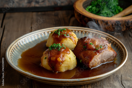 traditional German food: Knödel (bread or potato dumplings) served with roasted Spanferkel (suckling pig) on a plate. Hearty meal from Bavarian cuisine. This image was created using generative AI tech