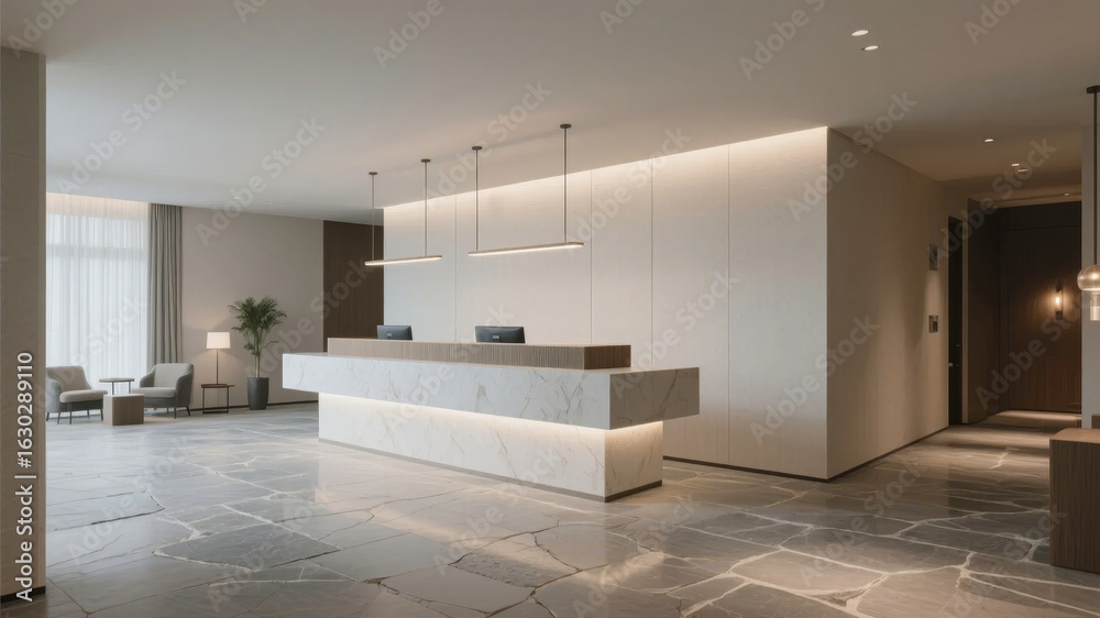 Fototapeta premium Modern minimalist reception area with sleek design and natural light