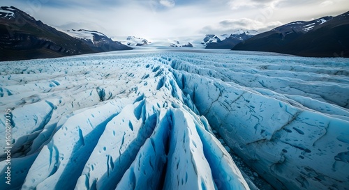 Aerial view of a vast glacier with deep crevasses, showcasing shades of blue and white ice under a cloudy sky.  The textured surface of the ice dominates the image.