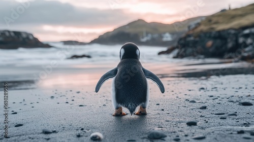 A penguin chick on a beach at sunrise