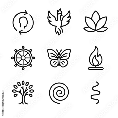 Reincarnation Icon Set. Outline icon set of reincarnation: soul cycle, phoenix rising, lotus flower, karmic wheel, butterfly