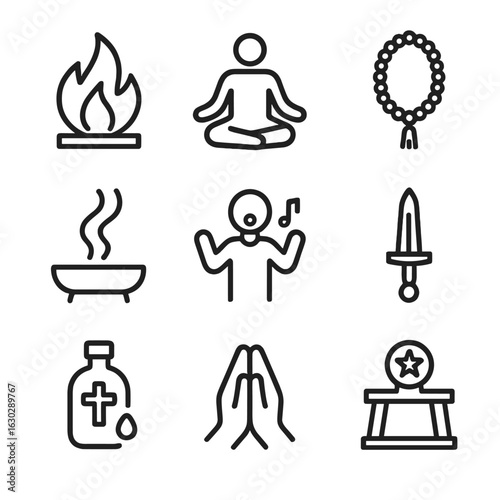 Reincarnation Ritual Icons. Outline icon set of reincarnation rituals: sacred fire, meditation pose, prayer beads, incense smoke,