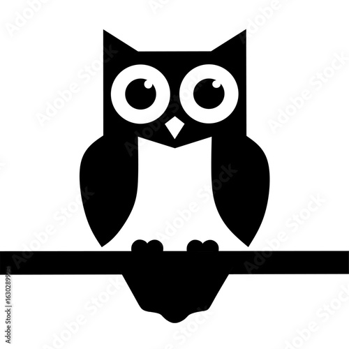 Minimalist black owl silhouette perched on a branch. A simple graphic icon representing wisdom, knowledge, and nocturnal wildlife.