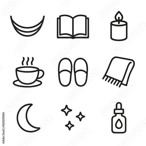 Relaxation Icon Set. Outline icon set of good vibes relaxation: hammock, book, candle, cup of tea, slippers, cozy blanket, moon,
