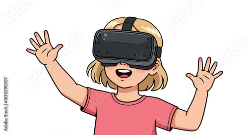 Cartoon of an excited young girl wearing a virtual reality headset, exploring a digital world with a joyful expression.