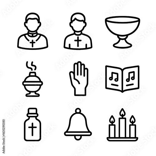 Religious Ceremony Icons. Outline icon set of religious ceremonies: priest, altar server, baptism font, incense smoke, blessing