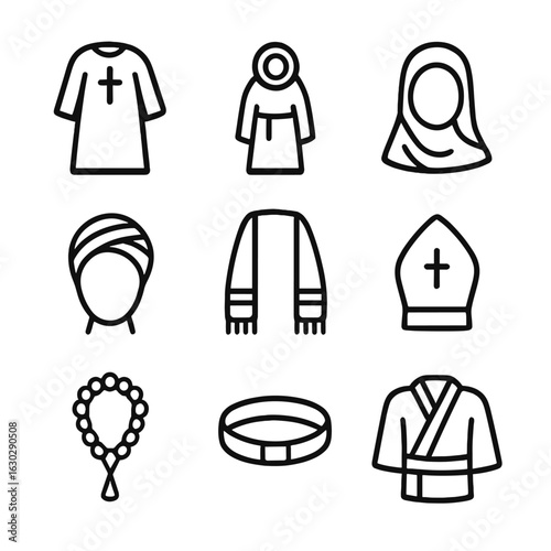 Religious Clothing Icons. Outline icon set of religious clothing: priest robe, monk robe, headscarf, turban, prayer shawl,