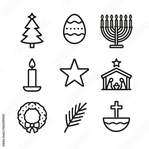 Religious Festival Icons. Outline icon set of religious festivals: Christmas tree, Easter egg, menorah, candle, star, nativity