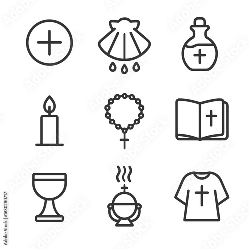Religious Sacraments Icons. Outline icon set of religious sacraments: communion wafer, baptism shell, holy oil vial, candle,