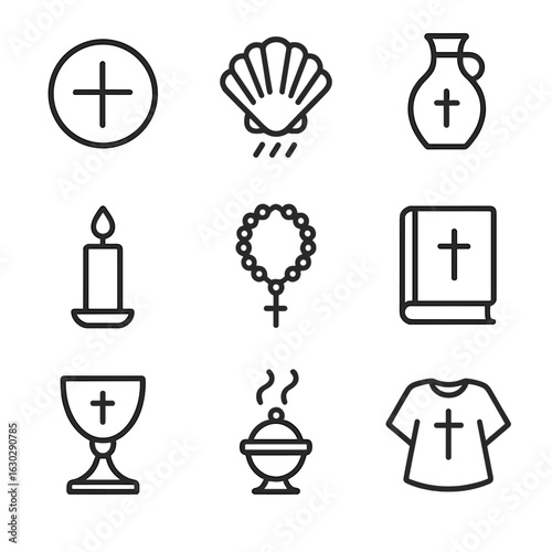Religious Sacraments Icons. Outline icon set of religious sacraments: communion wafer, baptism shell, holy oil vial, candle,