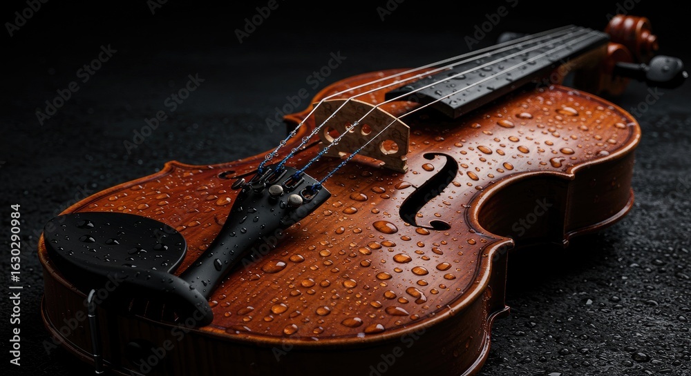 Obraz premium Violin with water droplets on dark background
