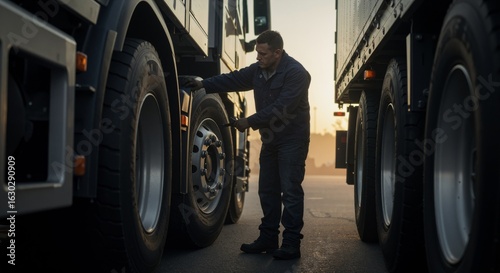 Wallpaper Mural Caucasian man mechanic checking truck tires. Truck driver inspecting wheel. Roadside assistance and maintenance for freight transportation. Torontodigital.ca