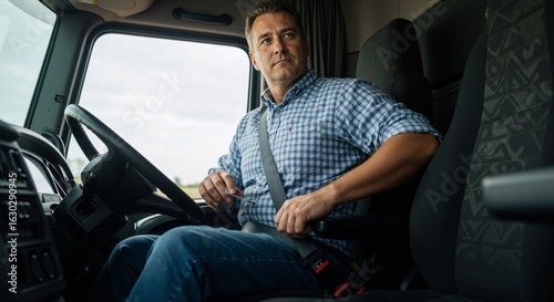 Caucasian man driver fastening seat belt in heavy truck cabin. Safe journey and road safety concept. Commercial transportation.