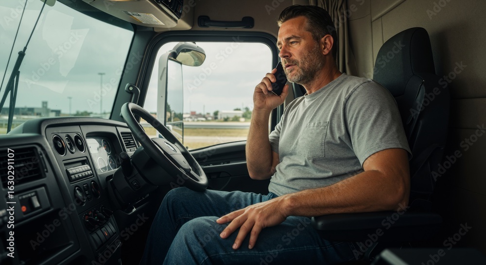 Obraz premium Caucasian man talking on smartphone while sitting in truck cabin. Communication and business on the road. Trucker lifestyle concept for logistics.