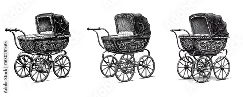 Ornate Victorian Baby Pram - Antique Carriage Engraving Set