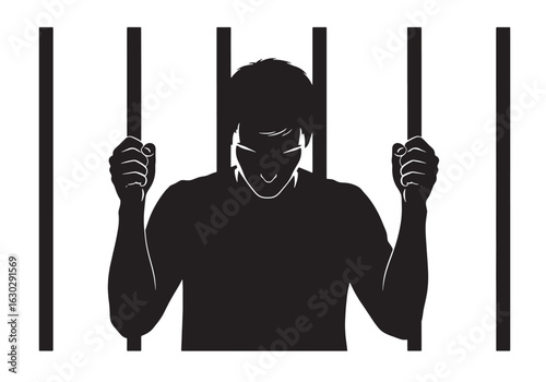 A silhouette of a person behind prison bars, holding the bars with their head bowed in despair or contemplation.