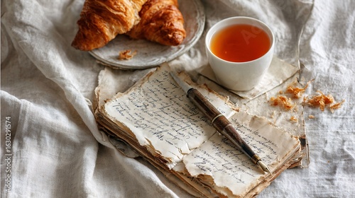 Rustic Breakfast Scene with Croissants, Tea, and a Vintage Journal