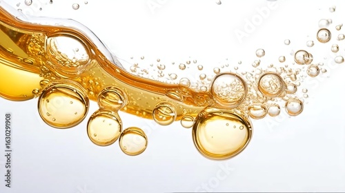 Golden oil splash forming dynamic cascade of shimmering bubbles against clean white background, representing luxury skincare, nutrition, fluid beauty,organic vitality in high-resolution minimal design