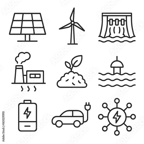Renewable Energy Icons. Outline icon set of renewable energy: solar panel, wind turbine, hydroelectric dam, geothermal plant,