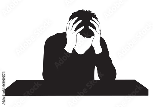A silhouette illustration of a distressed person sitting at a desk with their head in their hands.