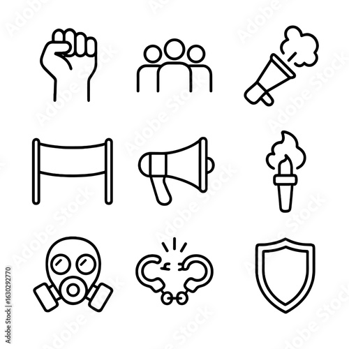 Resistance Icon Set. Outline icon set of resistance movement: clenched fist, rally crowd, banner, megaphone, flare, gas mask,