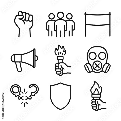 Resistance Icon Set. Outline icon set of resistance movement: clenched fist, rally crowd, banner, megaphone, flare, gas mask,