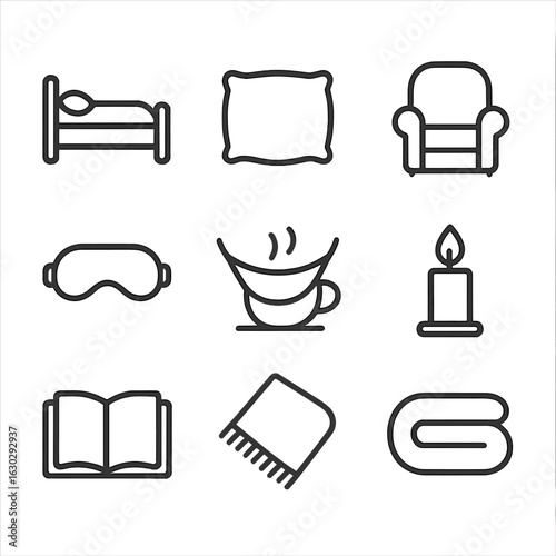Rest Relaxation Icons. Outline icon set of rest and relaxation: bed, pillow, hammock, armchair, sleeping mask, hot tea, candle,