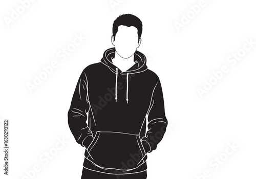 A minimalist black and white illustration of a faceless man in a black hoodie.