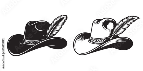 Two cowboy hats with feathers one black one outlined western wear