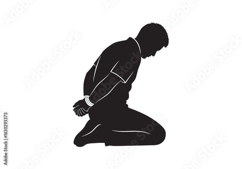A black silhouette of a man kneeling with his hands tied behind his back.