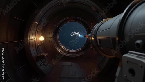 Victorian observatory telescope tracking futuristic spaceship at night