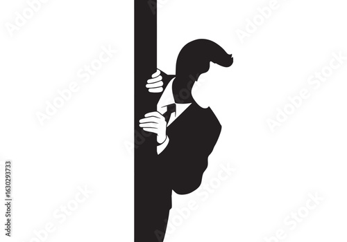 A mysterious, faceless man in a suit and tie peeks from behind a vertical pole.