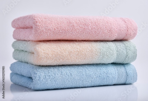 Stack of folded towels in pastel colors.  Soft, textured towels in shades of pink, peach, and light blue stacked neatly on a white surface.  Well-lit, showcasing the color gradations