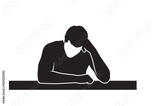 A black silhouette of a sad, depressed man leaning on a table with his head resting in his hand.