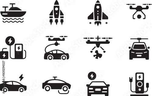 Futuristic transportation and alternative energy icons