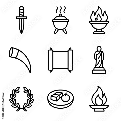 Ritual Icon Collection. Outline icon set of ritual sacrifice: ceremonial dagger, incense burner, sacred fire, animal horn, ancient