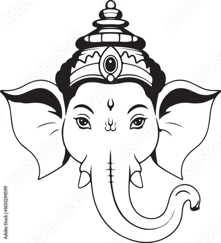 A graceful and elegant black and white illustration of lord ganesha's face
