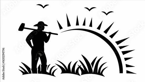 Silhouette of a farmer with a hoe over his shoulder standing in a field with a rising sun and birds flying