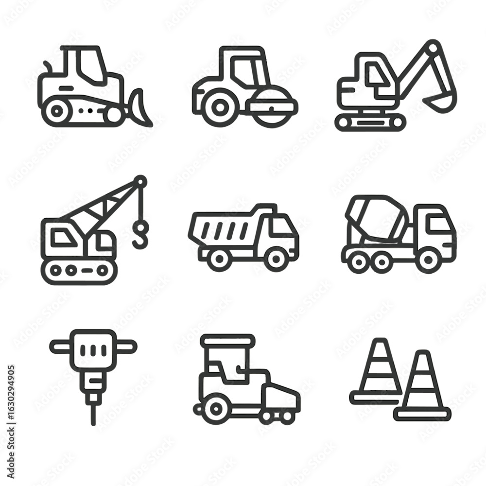 Fototapeta premium Road Construction Machinery Icons. Outline icon set of road construction machinery: bulldozer, road roller, excavator, crane, dump