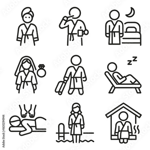 Robe Occasion Icons. Outline icon set of robe occasions: spa day, morning routine, bedtime, wedding preparation, hotel stay,