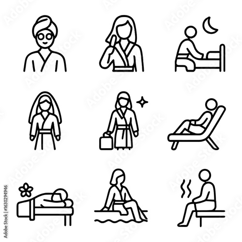 Robe Occasion Icons. Outline icon set of robe occasions: spa day, morning routine, bedtime, wedding preparation, hotel stay,